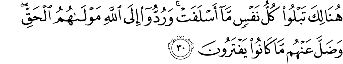 هُنَالِكَ تَبْلُو كُلُّ نَفْسٍ مَّا أَسْلَفَتْ ۚ وَرُدُّوا إِلَى اللَّهِ مَوْلَاهُمُ الْحَقِّ ۖ وَضَلَّ عَنْهُم مَّا كَانُوا يَفْتَرُونَ هُنَالِكَ تَبْلُو كُلُّ نَفْسٍ مَّا أَسْلَفَتْ ۚ وَرُدُّوا إِلَى اللَّهِ مَوْلَاهُمُ الْحَقِّ ۖ وَضَلَّ عَنْهُم مَّا كَانُوا يَفْتَرُونَ