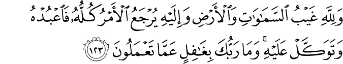 وَلِلَّهِ غَيْبُ السَّمَاوَاتِ وَالْأَرْضِ وَإِلَيْهِ يُرْجَعُ الْأَمْرُ كُلُّهُ فَاعْبُدْهُ وَتَوَكَّلْ عَلَيْهِ ۚ وَمَا رَبُّكَ بِغَافِلٍ عَمَّا تَعْمَلُونَ وَلِلَّهِ غَيْبُ السَّمَاوَاتِ وَالْأَرْضِ وَإِلَيْهِ يُرْجَعُ الْأَمْرُ كُلُّهُ فَاعْبُدْهُ وَتَوَكَّلْ عَلَيْهِ ۚ وَمَا رَبُّكَ بِغَافِلٍ عَمَّا تَعْمَلُونَ