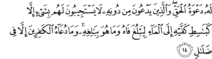 لَهُ دَعْوَةُ الْحَقِّ ۖ وَالَّذِينَ يَدْعُونَ مِن دُونِهِ لَا يَسْتَجِيبُونَ لَهُم بِشَيْءٍ إِلَّا كَبَاسِطِ كَفَّيْهِ إِلَى الْمَاءِ لِيَبْلُغَ فَاهُ وَمَا هُوَ بِبَالِغِهِ ۚ وَمَا دُعَاءُ الْكَافِرِينَ إِلَّا فِي ضَلَالٍ لَهُ دَعْوَةُ الْحَقِّ ۖ وَالَّذِينَ يَدْعُونَ مِن دُونِهِ لَا يَسْتَجِيبُونَ لَهُم بِشَيْءٍ إِلَّا كَبَاسِطِ كَفَّيْهِ إِلَى الْمَاءِ لِيَبْلُغَ فَاهُ وَمَا هُوَ بِبَالِغِهِ ۚ وَمَا دُعَاءُ الْكَافِرِينَ إِلَّا فِي ضَلَالٍ