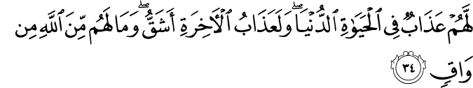 لَّهُمْ عَذَابٌ فِي الْحَيَاةِ الدُّنْيَا ۖ وَلَعَذَابُ الْآخِرَةِ أَشَقُّ ۖ وَمَا لَهُم مِّنَ اللَّهِ مِن وَاقٍ لَّهُمْ عَذَابٌ فِي الْحَيَاةِ الدُّنْيَا ۖ وَلَعَذَابُ الْآخِرَةِ أَشَقُّ ۖ وَمَا لَهُم مِّنَ اللَّهِ مِن وَاقٍ