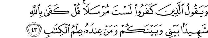 وَيَقُولُ الَّذِينَ كَفَرُوا لَسْتَ مُرْسَلًا ۚ قُلْ كَفَىٰ بِاللَّهِ شَهِيدًا بَيْنِي وَبَيْنَكُمْ وَمَنْ عِندَهُ عِلْمُ الْكِتَابِ وَيَقُولُ الَّذِينَ كَفَرُوا لَسْتَ مُرْسَلًا ۚ قُلْ كَفَىٰ بِاللَّهِ شَهِيدًا بَيْنِي وَبَيْنَكُمْ وَمَنْ عِندَهُ عِلْمُ الْكِتَابِ