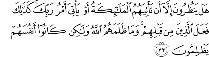 هَلْ يَنظُرُونَ إِلَّا أَن تَأْتِيَهُمُ الْمَلَائِكَةُ أَوْ يَأْتِيَ أَمْرُ رَبِّكَ ۚ كَذَٰلِكَ فَعَلَ الَّذِينَ مِن قَبْلِهِمْ ۚ وَمَا ظَلَمَهُمُ اللَّهُ وَلَـٰكِن كَانُوا أَنفُسَهُمْ يَظْلِمُونَ هَلْ يَنظُرُونَ إِلَّا أَن تَأْتِيَهُمُ الْمَلَائِكَةُ أَوْ يَأْتِيَ أَمْرُ رَبِّكَ ۚ كَذَٰلِكَ فَعَلَ الَّذِينَ مِن قَبْلِهِمْ ۚ وَمَا ظَلَمَهُمُ اللَّهُ وَلَـٰكِن كَانُوا أَنفُسَهُمْ يَظْلِمُونَ