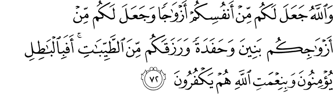 وَاللَّهُ جَعَلَ لَكُم مِّنْ أَنفُسِكُمْ أَزْوَاجًا وَجَعَلَ لَكُم مِّنْ أَزْوَاجِكُم بَنِينَ وَحَفَدَةً وَرَزَقَكُم مِّنَ الطَّيِّبَاتِ ۚ أَفَبِالْبَاطِلِ يُؤْمِنُونَ وَبِنِعْمَتِ اللَّهِ هُمْ يَكْفُرُونَ وَاللَّهُ جَعَلَ لَكُم مِّنْ أَنفُسِكُمْ أَزْوَاجًا وَجَعَلَ لَكُم مِّنْ أَزْوَاجِكُم بَنِينَ وَحَفَدَةً وَرَزَقَكُم مِّنَ الطَّيِّبَاتِ ۚ أَفَبِالْبَاطِلِ يُؤْمِنُونَ وَبِنِعْمَتِ اللَّهِ هُمْ يَكْفُرُونَ