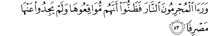وَرَأَى الْمُجْرِمُونَ النَّارَ فَظَنُّوا أَنَّهُم مُّوَاقِعُوهَا وَلَمْ يَجِدُوا عَنْهَا مَصْرِفًا وَرَأَى الْمُجْرِمُونَ النَّارَ فَظَنُّوا أَنَّهُم مُّوَاقِعُوهَا وَلَمْ يَجِدُوا عَنْهَا مَصْرِفًا