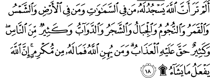 أَلَمْ تَرَ أَنَّ اللَّهَ يَسْجُدُ لَهُ مَن فِي السَّمَاوَاتِ وَمَن فِي الْأَرْضِ وَالشَّمْسُ وَالْقَمَرُ وَالنُّجُومُ وَالْجِبَالُ وَالشَّجَرُ وَالدَّوَابُّ وَكَثِيرٌ مِّنَ النَّاسِ ۖ وَكَثِيرٌ حَقَّ عَلَيْهِ الْعَذَابُ ۗ وَمَن يُهِنِ اللَّهُ فَمَا لَهُ مِن مُّكْرِمٍ ۚ إِنَّ اللَّهَ يَفْعَلُ مَا يَشَاءُ ۩ أَلَمْ تَرَ أَنَّ اللَّهَ يَسْجُدُ لَهُ مَن فِي السَّمَاوَاتِ وَمَن فِي الْأَرْضِ وَالشَّمْسُ وَالْقَمَرُ وَالنُّجُومُ وَالْجِبَالُ وَالشَّجَرُ وَالدَّوَابُّ وَكَثِيرٌ مِّنَ النَّاسِ ۖ وَكَثِيرٌ حَقَّ عَلَيْهِ الْعَذَابُ ۗ وَمَن يُهِنِ اللَّهُ فَمَا لَهُ مِن مُّكْرِمٍ ۚ إِنَّ اللَّهَ يَفْعَلُ مَا يَشَاءُ ۩
