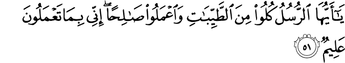 يَا أَيُّهَا الرُّسُلُ كُلُوا مِنَ الطَّيِّبَاتِ وَاعْمَلُوا صَالِحًا ۖ إِنِّي بِمَا تَعْمَلُونَ عَلِيمٌ يَا أَيُّهَا الرُّسُلُ كُلُوا مِنَ الطَّيِّبَاتِ وَاعْمَلُوا صَالِحًا ۖ إِنِّي بِمَا تَعْمَلُونَ عَلِيمٌ