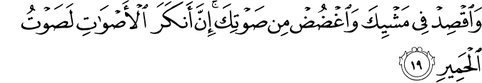 وَاقْصِدْ فِي مَشْيِكَ وَاغْضُضْ مِن صَوْتِكَ ۚ إِنَّ أَنكَرَ الْأَصْوَاتِ لَصَوْتُ الْحَمِيرِ وَاقْصِدْ فِي مَشْيِكَ وَاغْضُضْ مِن صَوْتِكَ ۚ إِنَّ أَنكَرَ الْأَصْوَاتِ لَصَوْتُ الْحَمِيرِ