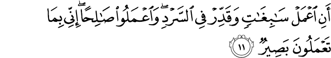 أَنِ اعْمَلْ سَابِغَاتٍ وَقَدِّرْ فِي السَّرْدِ ۖ وَاعْمَلُوا صَالِحًا ۖ إِنِّي بِمَا تَعْمَلُونَ بَصِيرٌ