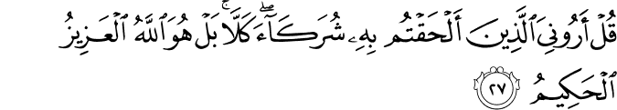 قُلْ أَرُونِيَ الَّذِينَ أَلْحَقْتُم بِهِ شُرَكَاءَ ۖ كَلَّا ۚ بَلْ هُوَ اللَّهُ الْعَزِيزُ الْحَكِيمُ