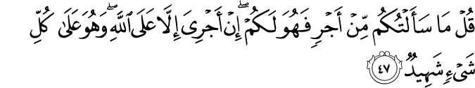قُلْ مَا سَأَلْتُكُم مِّنْ أَجْرٍ فَهُوَ لَكُمْ ۖ إِنْ أَجْرِيَ إِلَّا عَلَى اللَّهِ ۖ وَهُوَ عَلَىٰ كُلِّ شَيْءٍ شَهِيدٌ