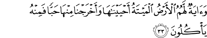 وَآيَةٌ لَّهُمُ الْأَرْضُ الْمَيْتَةُ أَحْيَيْنَاهَا وَأَخْرَجْنَا مِنْهَا حَبًّا فَمِنْهُ يَأْكُلُونَ