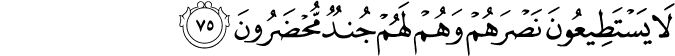 لَا يَسْتَطِيعُونَ نَصْرَهُمْ وَهُمْ لَهُمْ جُندٌ مُّحْضَرُونَ