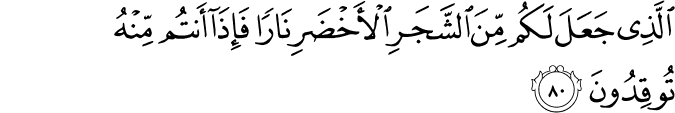 الَّذِي جَعَلَ لَكُم مِّنَ الشَّجَرِ الْأَخْضَرِ نَارًا فَإِذَا أَنتُم مِّنْهُ تُوقِدُونَ
