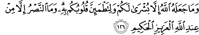 وَمَا جَعَلَهُ اللَّهُ إِلَّا بُشْرَىٰ لَكُمْ وَلِتَطْمَئِنَّ قُلُوبُكُم بِهِ ۗ وَمَا النَّصْرُ إِلَّا مِنْ عِندِ اللَّهِ الْعَزِيزِ الْحَكِيمِ وَمَا جَعَلَهُ اللَّهُ إِلَّا بُشْرَىٰ لَكُمْ وَلِتَطْمَئِنَّ قُلُوبُكُم بِهِ ۗ وَمَا النَّصْرُ إِلَّا مِنْ عِندِ اللَّهِ الْعَزِيزِ الْحَكِيمِ
