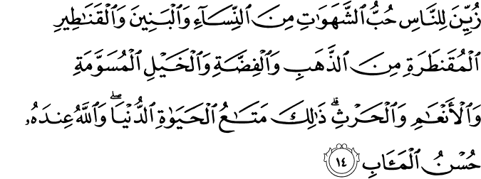 زُيِّنَ لِلنَّاسِ حُبُّ الشَّهَوَاتِ مِنَ النِّسَاءِ وَالْبَنِينَ وَالْقَنَاطِيرِ الْمُقَنطَرَةِ مِنَ الذَّهَبِ وَالْفِضَّةِ وَالْخَيْلِ الْمُسَوَّمَةِ وَالْأَنْعَامِ وَالْحَرْثِ ۗ ذَٰلِكَ مَتَاعُ الْحَيَاةِ الدُّنْيَا ۖ وَاللَّهُ عِندَهُ حُسْنُ الْمَآبِ زُيِّنَ لِلنَّاسِ حُبُّ الشَّهَوَاتِ مِنَ النِّسَاءِ وَالْبَنِينَ وَالْقَنَاطِيرِ الْمُقَنطَرَةِ مِنَ الذَّهَبِ وَالْفِضَّةِ وَالْخَيْلِ الْمُسَوَّمَةِ وَالْأَنْعَامِ وَالْحَرْثِ ۗ ذَٰلِكَ مَتَاعُ الْحَيَاةِ الدُّنْيَا ۖ وَاللَّهُ عِندَهُ حُسْنُ الْمَآبِ