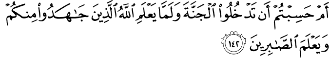 أَمْ حَسِبْتُمْ أَن تَدْخُلُوا الْجَنَّةَ وَلَمَّا يَعْلَمِ اللَّهُ الَّذِينَ جَاهَدُوا مِنكُمْ وَيَعْلَمَ الصَّابِرِينَ أَمْ حَسِبْتُمْ أَن تَدْخُلُوا الْجَنَّةَ وَلَمَّا يَعْلَمِ اللَّهُ الَّذِينَ جَاهَدُوا مِنكُمْ وَيَعْلَمَ الصَّابِرِينَ