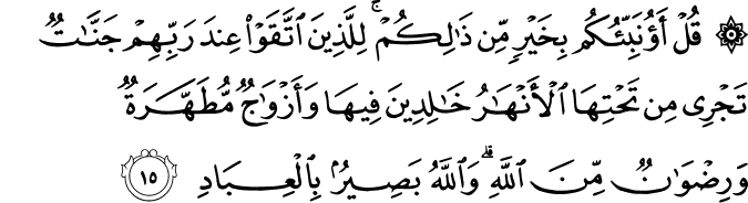 قُلْ أَؤُنَبِّئُكُم بِخَيْرٍ مِّن ذَٰلِكُمْ ۚ لِلَّذِينَ اتَّقَوْا عِندَ رَبِّهِمْ جَنَّاتٌ تَجْرِي مِن تَحْتِهَا الْأَنْهَارُ خَالِدِينَ فِيهَا وَأَزْوَاجٌ مُّطَهَّرَةٌ وَرِضْوَانٌ مِّنَ اللَّهِ ۗ وَاللَّهُ بَصِيرٌ بِالْعِبَادِ قُلْ أَؤُنَبِّئُكُم بِخَيْرٍ مِّن ذَٰلِكُمْ ۚ لِلَّذِينَ اتَّقَوْا عِندَ رَبِّهِمْ جَنَّاتٌ تَجْرِي مِن تَحْتِهَا الْأَنْهَارُ خَالِدِينَ فِيهَا وَأَزْوَاجٌ مُّطَهَّرَةٌ وَرِضْوَانٌ مِّنَ اللَّهِ ۗ وَاللَّهُ بَصِيرٌ بِالْعِبَادِ