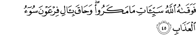 فَوَقَاهُ اللَّهُ سَيِّئَاتِ مَا مَكَرُوا ۖ وَحَاقَ بِآلِ فِرْعَوْنَ سُوءُ الْعَذَابِ