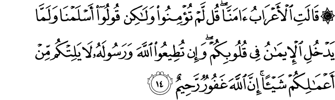 قَالَتِ الْأَعْرَابُ آمَنَّا ۖ قُل لَّمْ تُؤْمِنُوا وَلَـٰكِن قُولُوا أَسْلَمْنَا وَلَمَّا يَدْخُلِ الْإِيمَانُ فِي قُلُوبِكُمْ ۖ وَإِن تُطِيعُوا اللَّهَ وَرَسُولَهُ لَا يَلِتْكُم مِّنْ أَعْمَالِكُمْ شَيْئًا ۚ إِنَّ اللَّهَ غَفُورٌ رَّحِيمٌ قَالَتِ الْأَعْرَابُ آمَنَّا ۖ قُل لَّمْ تُؤْمِنُوا وَلَـٰكِن قُولُوا أَسْلَمْنَا وَلَمَّا يَدْخُلِ الْإِيمَانُ فِي قُلُوبِكُمْ ۖ وَإِن تُطِيعُوا اللَّهَ وَرَسُولَهُ لَا يَلِتْكُم مِّنْ أَعْمَالِكُمْ شَيْئًا ۚ إِنَّ اللَّهَ غَفُورٌ رَّحِيمٌ