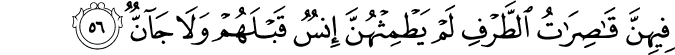 فِيهِنَّ قَاصِرَاتُ الطَّرْفِ لَمْ يَطْمِثْهُنَّ إِنسٌ قَبْلَهُمْ وَلَا جَانٌّ فِيهِنَّ قَاصِرَاتُ الطَّرْفِ لَمْ يَطْمِثْهُنَّ إِنسٌ قَبْلَهُمْ وَلَا جَانٌّ