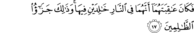 فَكَانَ عَاقِبَتَهُمَا أَنَّهُمَا فِي النَّارِ خَالِدَيْنِ فِيهَا ۚ وَذَٰلِكَ جَزَاءُ الظَّالِمِينَ فَكَانَ عَاقِبَتَهُمَا أَنَّهُمَا فِي النَّارِ خَالِدَيْنِ فِيهَا ۚ وَذَٰلِكَ جَزَاءُ الظَّالِمِينَ