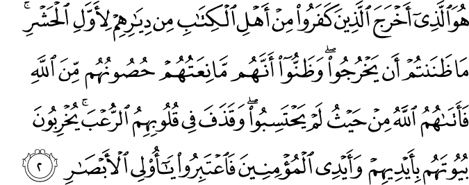 هُوَ الَّذِي أَخْرَجَ الَّذِينَ كَفَرُوا مِنْ أَهْلِ الْكِتَابِ مِن دِيَارِهِمْ لِأَوَّلِ الْحَشْرِ ۚ مَا ظَنَنتُمْ أَن يَخْرُجُوا ۖ وَظَنُّوا أَنَّهُم مَّانِعَتُهُمْ حُصُونُهُم مِّنَ اللَّهِ فَأَتَاهُمُ اللَّهُ مِنْ حَيْثُ لَمْ يَحْتَسِبُوا ۖ وَقَذَفَ فِي قُلُوبِهِمُ الرُّعْبَ ۚ يُخْرِبُونَ بُيُوتَهُم بِأَيْدِيهِمْ وَأَيْدِي الْمُؤْمِنِينَ فَاعْتَبِرُوا يَا أُولِي الْأَبْصَارِ هُوَ الَّذِي أَخْرَجَ الَّذِينَ كَفَرُوا مِنْ أَهْلِ الْكِتَابِ مِن دِيَارِهِمْ لِأَوَّلِ الْحَشْرِ ۚ مَا ظَنَنتُمْ أَن يَخْرُجُوا ۖ وَظَنُّوا أَنَّهُم مَّانِعَتُهُمْ حُصُونُهُم مِّنَ اللَّهِ فَأَتَاهُمُ اللَّهُ مِنْ حَيْثُ لَمْ يَحْتَسِبُوا ۖ وَقَذَفَ فِي قُلُوبِهِمُ الرُّعْبَ ۚ يُخْرِبُونَ بُيُوتَهُم بِأَيْدِيهِمْ وَأَيْدِي الْمُؤْمِنِينَ فَاعْتَبِرُوا يَا أُولِي الْأَبْصَارِ