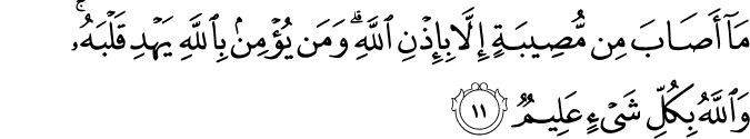 مَا أَصَابَ مِن مُّصِيبَةٍ إِلَّا بِإِذْنِ اللَّهِ ۗ وَمَن يُؤْمِن بِاللَّهِ يَهْدِ قَلْبَهُ ۚ وَاللَّهُ بِكُلِّ شَيْءٍ عَلِيمٌ مَا أَصَابَ مِن مُّصِيبَةٍ إِلَّا بِإِذْنِ اللَّهِ ۗ وَمَن يُؤْمِن بِاللَّهِ يَهْدِ قَلْبَهُ ۚ وَاللَّهُ بِكُلِّ شَيْءٍ عَلِيمٌ