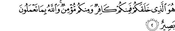 هُوَ الَّذِي خَلَقَكُمْ فَمِنكُمْ كَافِرٌ وَمِنكُم مُّؤْمِنٌ ۚ وَاللَّهُ بِمَا تَعْمَلُونَ بَصِيرٌ هُوَ الَّذِي خَلَقَكُمْ فَمِنكُمْ كَافِرٌ وَمِنكُم مُّؤْمِنٌ ۚ وَاللَّهُ بِمَا تَعْمَلُونَ بَصِيرٌ