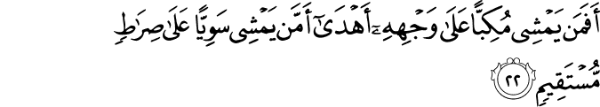 أَفَمَن يَمْشِي مُكِبًّا عَلَىٰ وَجْهِهِ أَهْدَىٰ أَمَّن يَمْشِي سَوِيًّا عَلَىٰ صِرَاطٍ مُّسْتَقِيمٍ أَفَمَن يَمْشِي مُكِبًّا عَلَىٰ وَجْهِهِ أَهْدَىٰ أَمَّن يَمْشِي سَوِيًّا عَلَىٰ صِرَاطٍ مُّسْتَقِيمٍ