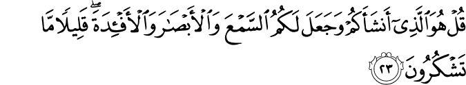 قُلْ هُوَ الَّذِي أَنشَأَكُمْ وَجَعَلَ لَكُمُ السَّمْعَ وَالْأَبْصَارَ وَالْأَفْئِدَةَ ۖ قَلِيلًا مَّا تَشْكُرُونَ قُلْ هُوَ الَّذِي أَنشَأَكُمْ وَجَعَلَ لَكُمُ السَّمْعَ وَالْأَبْصَارَ وَالْأَفْئِدَةَ ۖ قَلِيلًا مَّا تَشْكُرُونَ