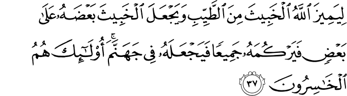 لِيَمِيزَ اللَّهُ الْخَبِيثَ مِنَ الطَّيِّبِ وَيَجْعَلَ الْخَبِيثَ بَعْضَهُ عَلَىٰ بَعْضٍ فَيَرْكُمَهُ جَمِيعًا فَيَجْعَلَهُ فِي جَهَنَّمَ ۚ أُولَـٰئِكَ هُمُ الْخَاسِرُونَ لِيَمِيزَ اللَّهُ الْخَبِيثَ مِنَ الطَّيِّبِ وَيَجْعَلَ الْخَبِيثَ بَعْضَهُ عَلَىٰ بَعْضٍ فَيَرْكُمَهُ جَمِيعًا فَيَجْعَلَهُ فِي جَهَنَّمَ ۚ أُولَـٰئِكَ هُمُ الْخَاسِرُونَ