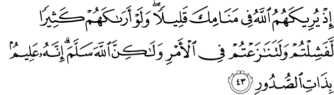 إِذْ يُرِيكَهُمُ اللَّهُ فِي مَنَامِكَ قَلِيلًا ۖ وَلَوْ أَرَاكَهُمْ كَثِيرًا لَّفَشِلْتُمْ وَلَتَنَازَعْتُمْ فِي الْأَمْرِ وَلَـٰكِنَّ اللَّهَ سَلَّمَ ۗ إِنَّهُ عَلِيمٌ بِذَاتِ الصُّدُورِ إِذْ يُرِيكَهُمُ اللَّهُ فِي مَنَامِكَ قَلِيلًا ۖ وَلَوْ أَرَاكَهُمْ كَثِيرًا لَّفَشِلْتُمْ وَلَتَنَازَعْتُمْ فِي الْأَمْرِ وَلَـٰكِنَّ اللَّهَ سَلَّمَ ۗ إِنَّهُ عَلِيمٌ بِذَاتِ الصُّدُورِ