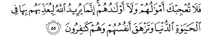فَلَا تُعْجِبْكَ أَمْوَالُهُمْ وَلَا أَوْلَادُهُمْ ۚ إِنَّمَا يُرِيدُ اللَّهُ لِيُعَذِّبَهُم بِهَا فِي الْحَيَاةِ الدُّنْيَا وَتَزْهَقَ أَنفُسُهُمْ وَهُمْ كَافِرُونَ فَلَا تُعْجِبْكَ أَمْوَالُهُمْ وَلَا أَوْلَادُهُمْ ۚ إِنَّمَا يُرِيدُ اللَّهُ لِيُعَذِّبَهُم بِهَا فِي الْحَيَاةِ الدُّنْيَا وَتَزْهَقَ أَنفُسُهُمْ وَهُمْ كَافِرُونَ